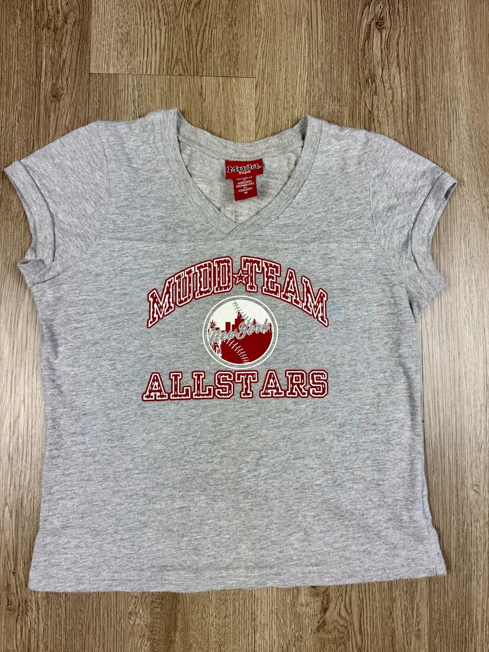 Y2K Gray V Neck Baby Tee with Red Varsity Graphic Cotton Crop Top Shirt Medium